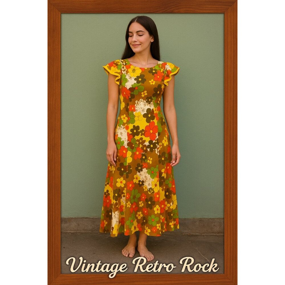 Kimo's Polynesian Shop Floral Hawaiian Maxi Dress Women Retro Vtg Short Sleeve S